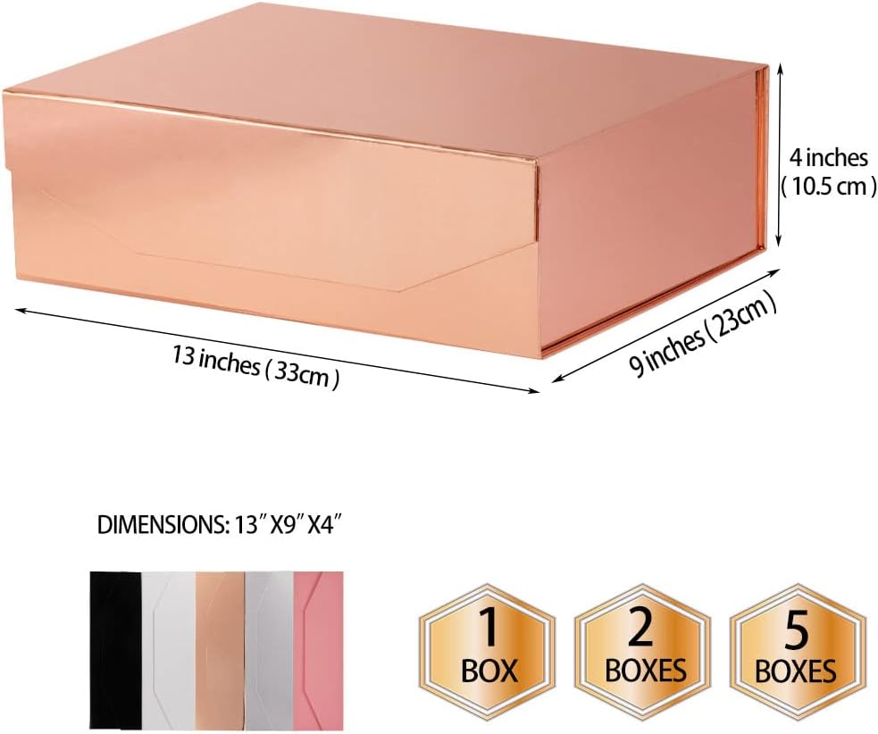 2 Rose Gold Large Gift Box with Lid 13x9x4 Inches, Gift Box Large with Magnetic Closure, Bridesmaid Proposal Boxes, Hard Collapsible Groomsman Boxes (Glossy Rose Gold)