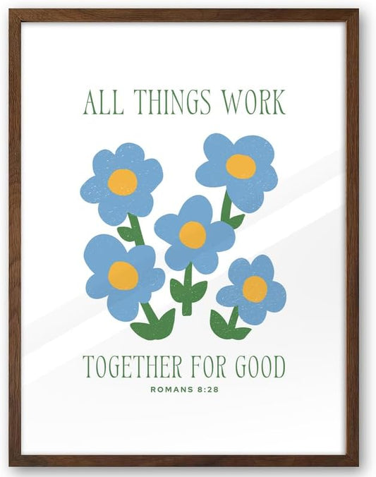 EcoHest Walnut Color OAK Wood God Framed Wall Art, 12x16in Romans 8:28 All Things Work Bible Verse Christian Wall Art, Modern Blue Flower Bedroom Decor For Living Room Bathroom Christian Gift 1Pack