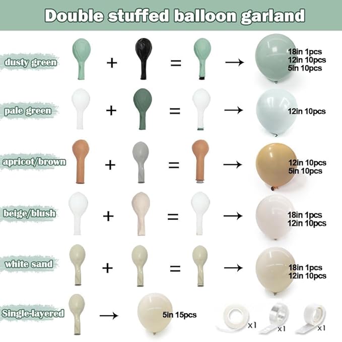 Dusty Green Tan Balloon Arch Kit Double Stuffed, Light Sage Green White Sand Brown Apricot Pastel Neutral Balloon Garland for Boho Baby Shower Birthday Wedding Woodland Wild One Gender Reveal Party