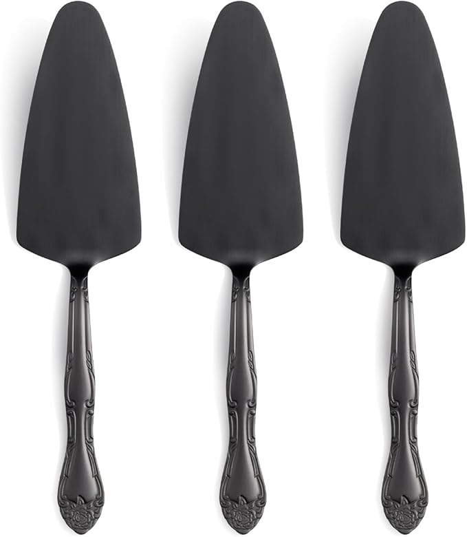 Deeny Jarte 3-Piece Cake Server Set - 9.3-Inch Matte Black 430 Stainless Steel with Rose Handle Design - Ideal for Cake, Pie, Pizza, and Dessert Serving - Dishwasher Safe Pastry Server Set