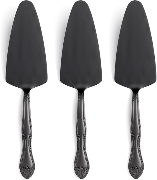 Deeny Jarte 3-Piece Cake Server Set - 9.3-Inch Matte Black 430 Stainless Steel with Rose Handle Design - Ideal for Cake, Pie, Pizza, and Dessert Serving - Dishwasher Safe Pastry Server Set