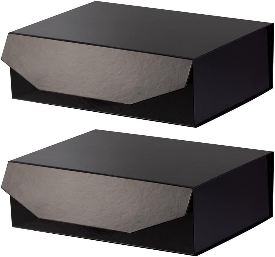 2 Black Large Collapsible Gift Box with Lid 13x9x4 Inches, Bridesmaid Proposal Box, Hard Box with Magnetic Closure, Groomsman Box Reusable Gift Box for Clothes (Glossy Black)
