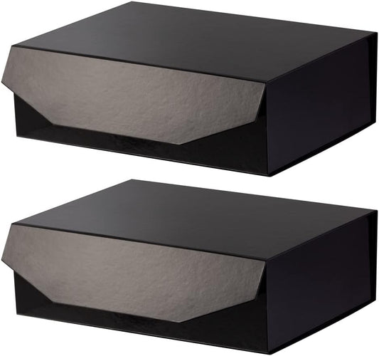 2 Black Large Collapsible Gift Box with Lid 13x9x4 Inches, Bridesmaid Proposal Box, Hard Box with Magnetic Closure, Groomsman Box Reusable Gift Box for Clothes (Glossy Black)