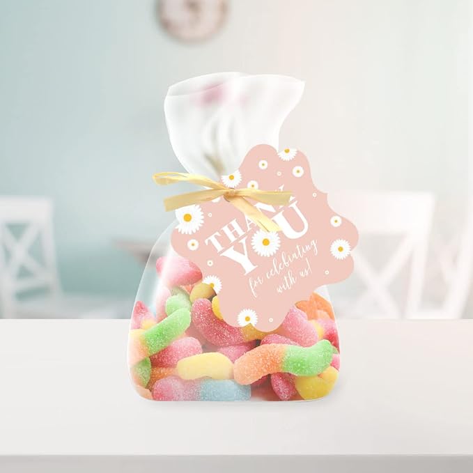 Andaz Press Fancy Frame Kids Party Favor Thank You Tags with String - 48-Pack Daisy Birthday Gift Tags for Favor Bags, Goody Bags, Gift Box, Girls, Baby Shower 1st Birthday Party Favors