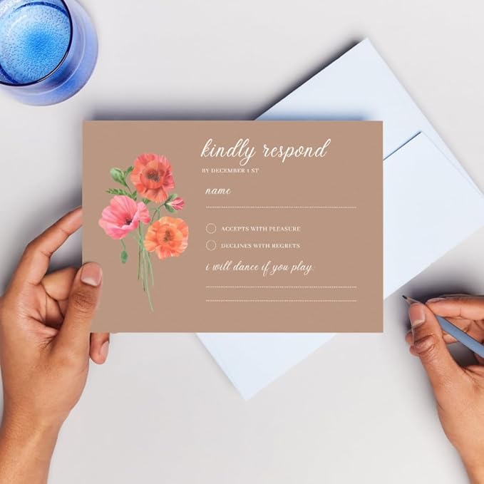 Personalized Wedding RSVP Cards On Glossy Thick Card With Envelope, Personalized Reponse, 5 x 3.5 Inches, Set of 15 Custom Cards with White Envelopes (Brown)