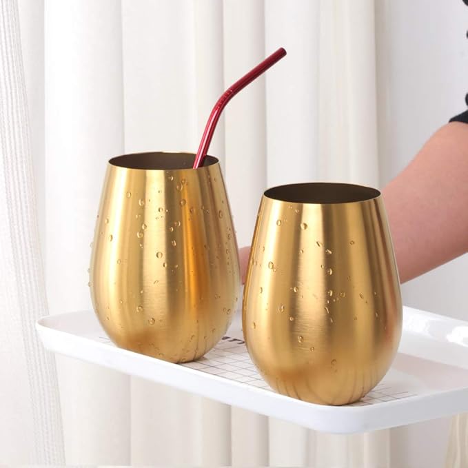 Buyer Star 304 Stainless Steel Wine Glasses Set of 2 - Large 17 oz Outdoor Stemless Wine Tumblers - 100% Unbreakable & Stemless Metal Drinking Cups for Home and Outdoors Dishwasher safe (Gold)