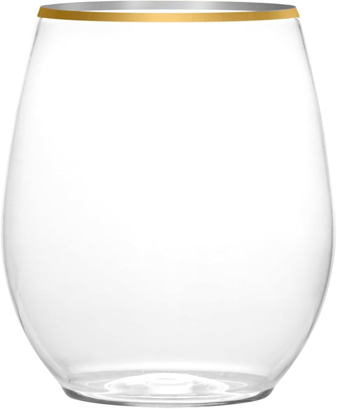 PLASTICPRO 12 Pack Clear With Gold Rim Plastic Wine Glasses Stemless Disposable 12 oz BPA Free Shatterproof Plastic Wine Cups Wine Glasses for Parties