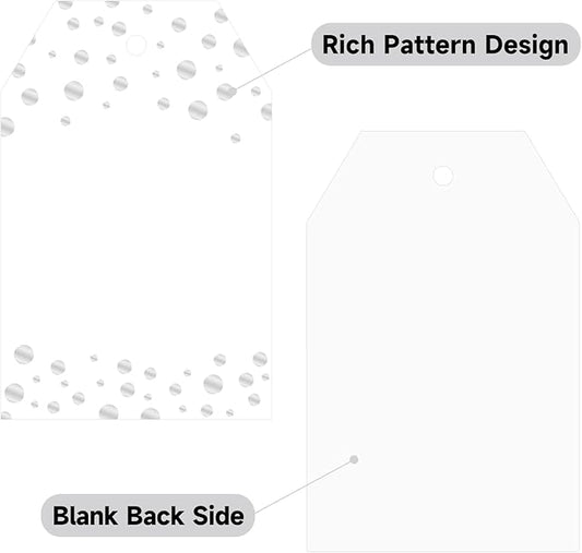 Anwyll Gift Tags with String - 100Pcs Silver Foil Confetti Polka Dot Gift Bag Tags Personalized White Blank Hanging Paper Label Tag for Birthday Party Bridal Shower Wedding Christmas Favors Present