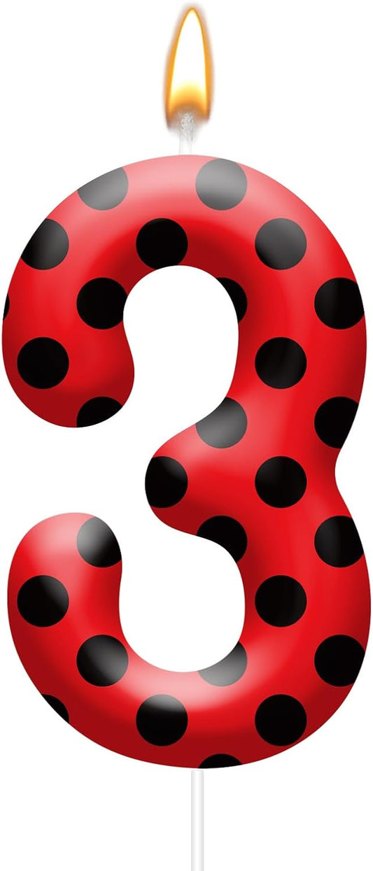 Ladybug Theme Birthday Candles - Red & Black Polka Dot Decorative Candles for Kids Ladybug Themed Parties, Baby Showers, Birthday Cakes, and Ladybird Inspired Celebrations(Number 3)