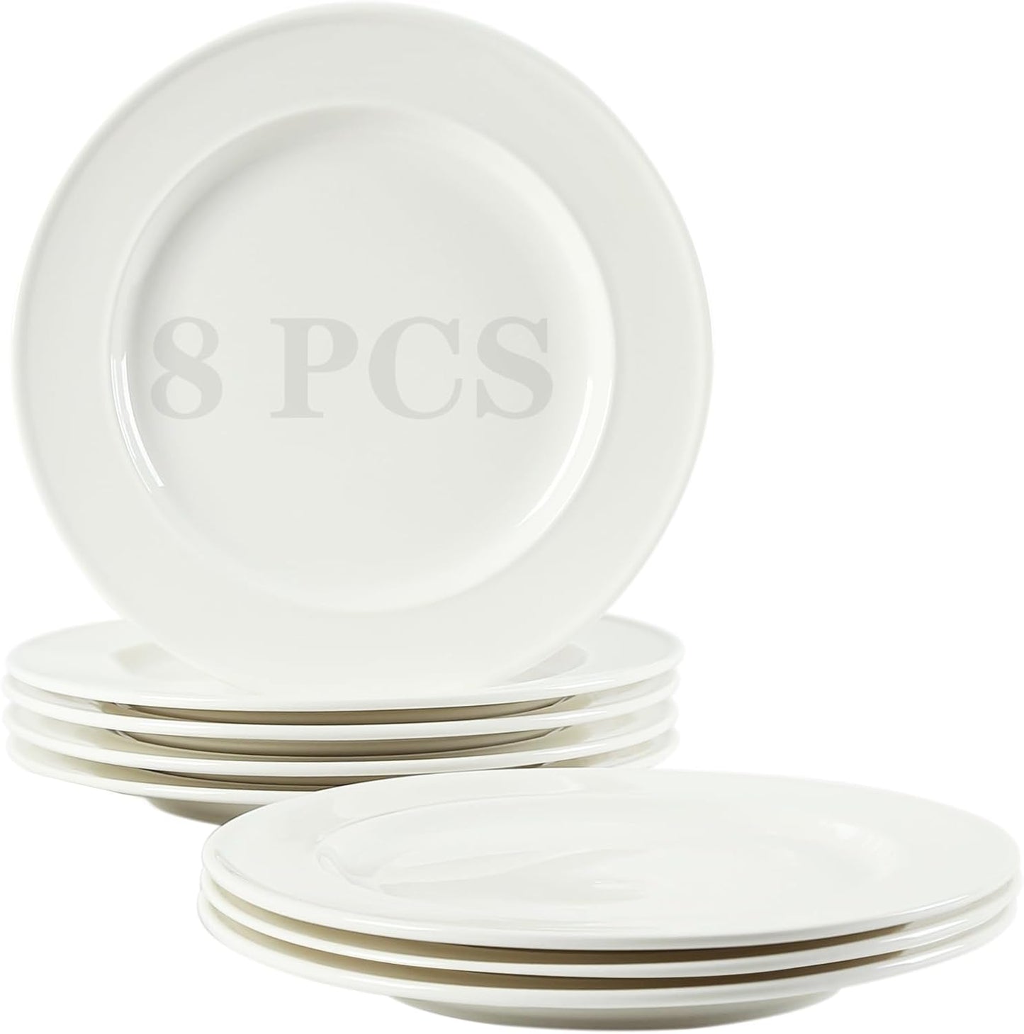 TAMAYKIM 10 Inch Porcelain Salad Dinner Plates 8 Pieces, Wide Rim Round Pasta Plates, Large Serving Dinnerware Sets, Scratch Resistant, Microwave, Oven, and Dishwasher Safe, White