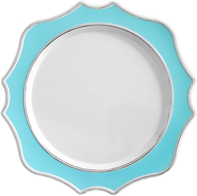 " OCCASIONS " 20 Pieces 13.25'' Scalloped Disposable/Reusable Plastic Charger Plates for Wedding, (Scalloped Imperial Turquoise Blue/Green & Silver)