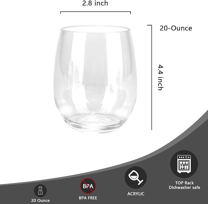 Set of 6 Acrylic Wine Glasses, 20-ounce Plastic Tumbler for Party Use,BPA Free,Dishwasher Safe (Clear color)