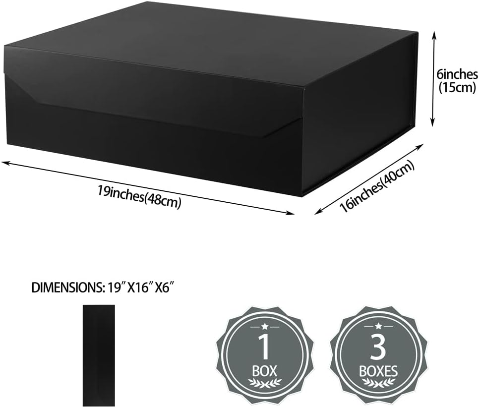 3 Pcs Matte Black Extra Large Gift Box with Lid, 19x16x6 Inches, Hard Magnetic Giant Gift Boxes for Presents Clothes Robe Wedding Dress Sweater,Reusable Foldable Bridesmaid Proposal Box