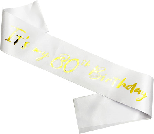 80th Birthday Sash, It's My 80th Birthday Sash White Gold, 80 Birthday Decorations Gifts for Women Men Happy 80th Birthday Party Favor Supplies