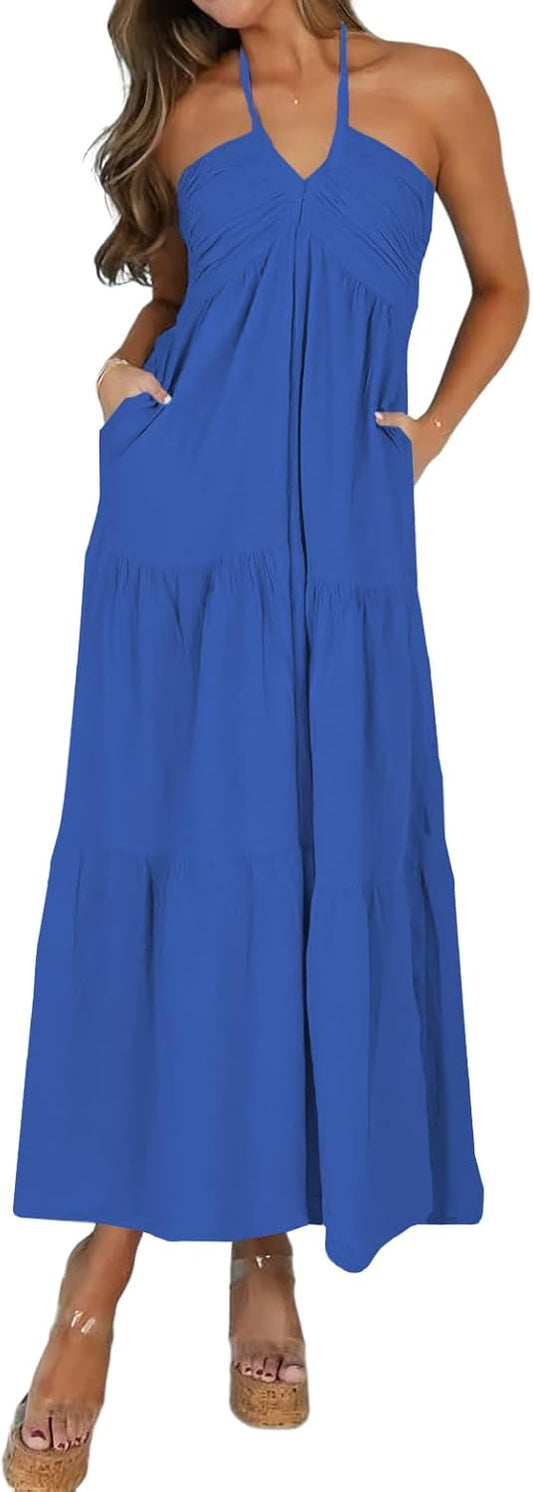 Women's Casual Halter Tiered Vacation Maxi Dress with Pockets