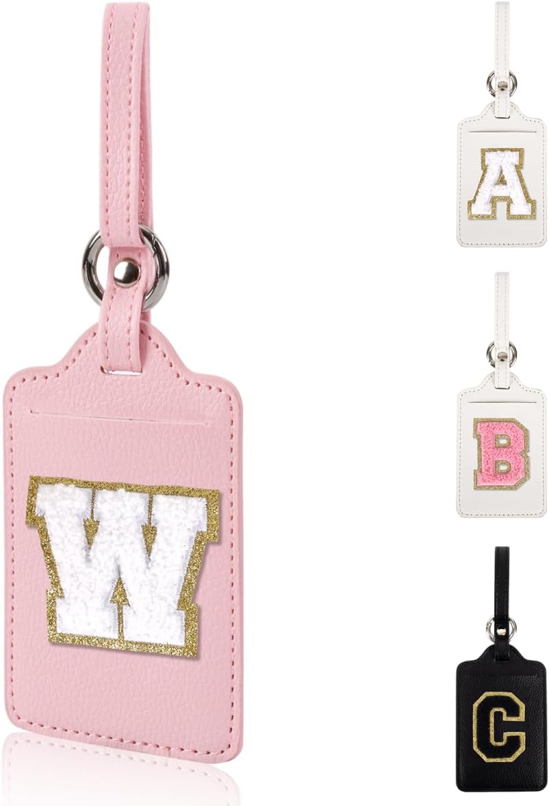 Personalized Initial Luggage Tags for Suitcases, Leather Chenille Letter Cute Luggage Tags with Privacy Name Card, Embroidered Travel Bag Backpack Tags Gifts for Women Kids Girls Teens(Pink-W)