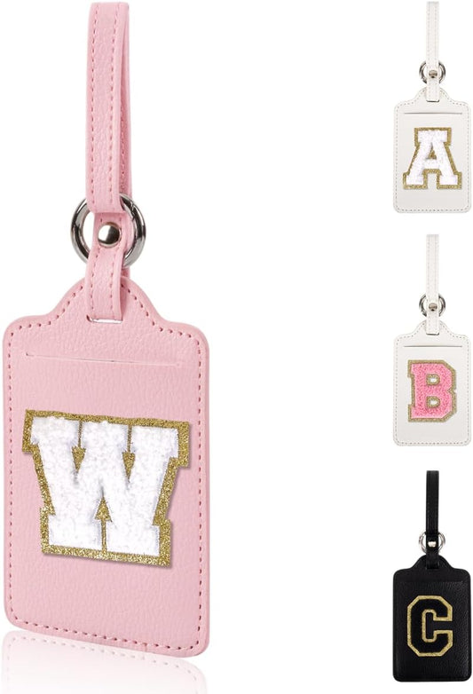 Personalized Initial Luggage Tags for Suitcases, Leather Chenille Letter Cute Luggage Tags with Privacy Name Card, Embroidered Travel Bag Backpack Tags Gifts for Women Kids Girls Teens(Pink-W)