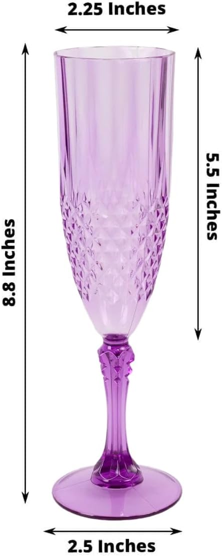 Efavormart 6-Pack Champagne Glasses, 8oz Shatterproof Plastic Crystal Cut Toast Flutes, Purple for Party Celebration Wedding