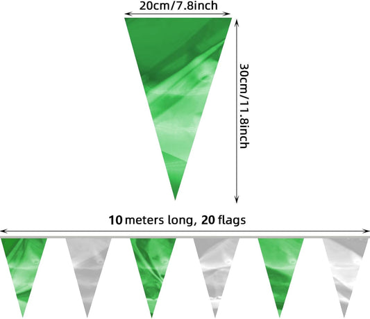 32.8FT Green Silver Glitter Triangle Pennant Banner Flag Metallic Bunting Fabric Garland for Christmas Graduation Wedding Engagement Anniversary Bachelorette Bridal Shower Valentine's Party Decor