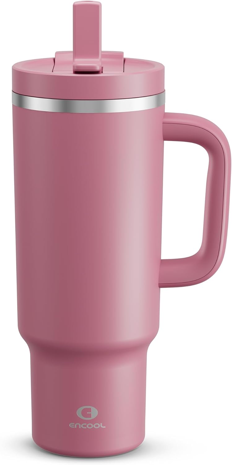40 oz Tumbler with Handle and Straw: Stainless Steel Insulated Tumbler Keeps Cold for 24 Hours, Leakproof Travel Cup Fits in Cup Holder and BPA-Free,Turkish Rose