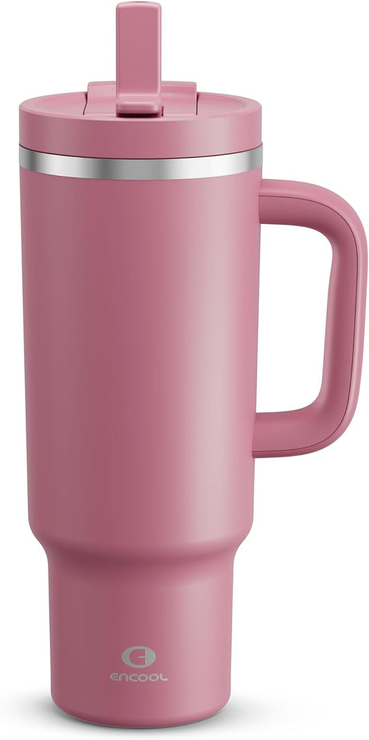 40 oz Tumbler with Handle and Straw: Stainless Steel Insulated Tumbler Keeps Cold for 24 Hours, Leakproof Travel Cup Fits in Cup Holder and BPA-Free,Turkish Rose