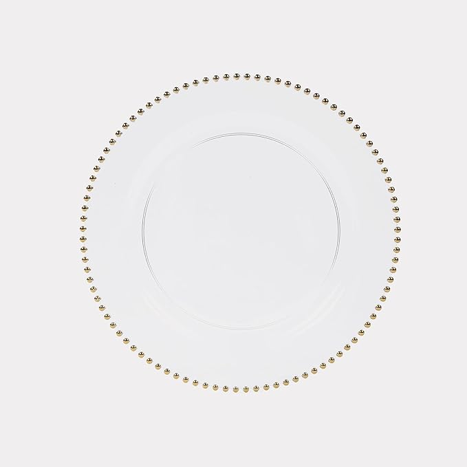 Efavormart 10 Pack Clear Gold Economy Plastic Charger Plates with Beaded Rim, Round Decorative Serving Plates - 13"