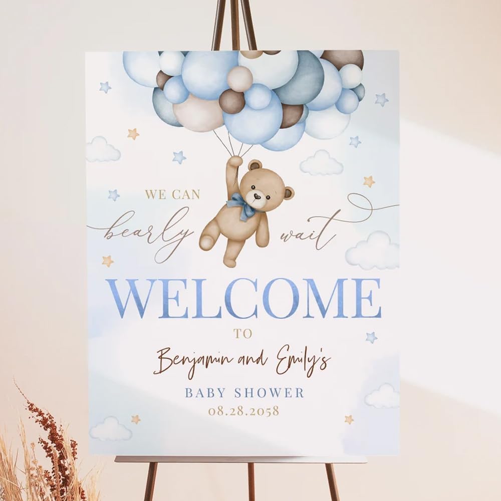 Generic Personalized Blue Boy Bear We Can Bearly Wait Baby Shower Welcome Sign Decor Decoration, Baby Boy Welcome Sign, Bear Baby Shower Decorations, Baby Announcement Sign, Full Size, Vesion #1