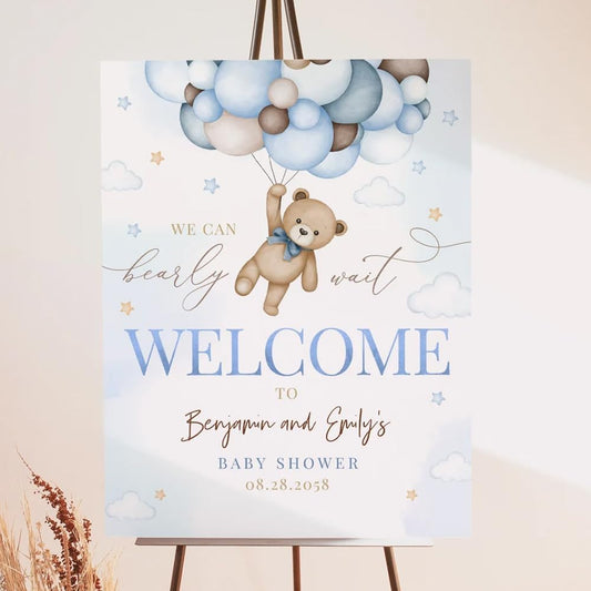 Generic Personalized Blue Boy Bear We Can Bearly Wait Baby Shower Welcome Sign Decor Decoration, Baby Boy Welcome Sign, Bear Baby Shower Decorations, Baby Announcement Sign, Full Size, Vesion #1