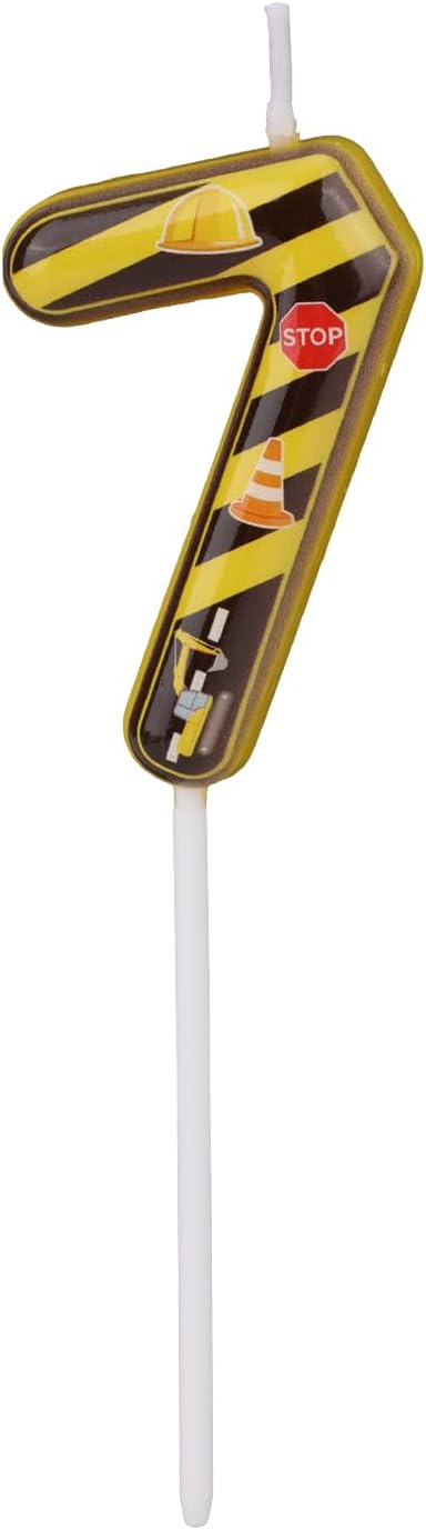 Construction Birthday Number Candles, Yellow & Black Striped Cake Topper Building Theme Party Decorations for Graduation Anniversary Celebration (Number 7)