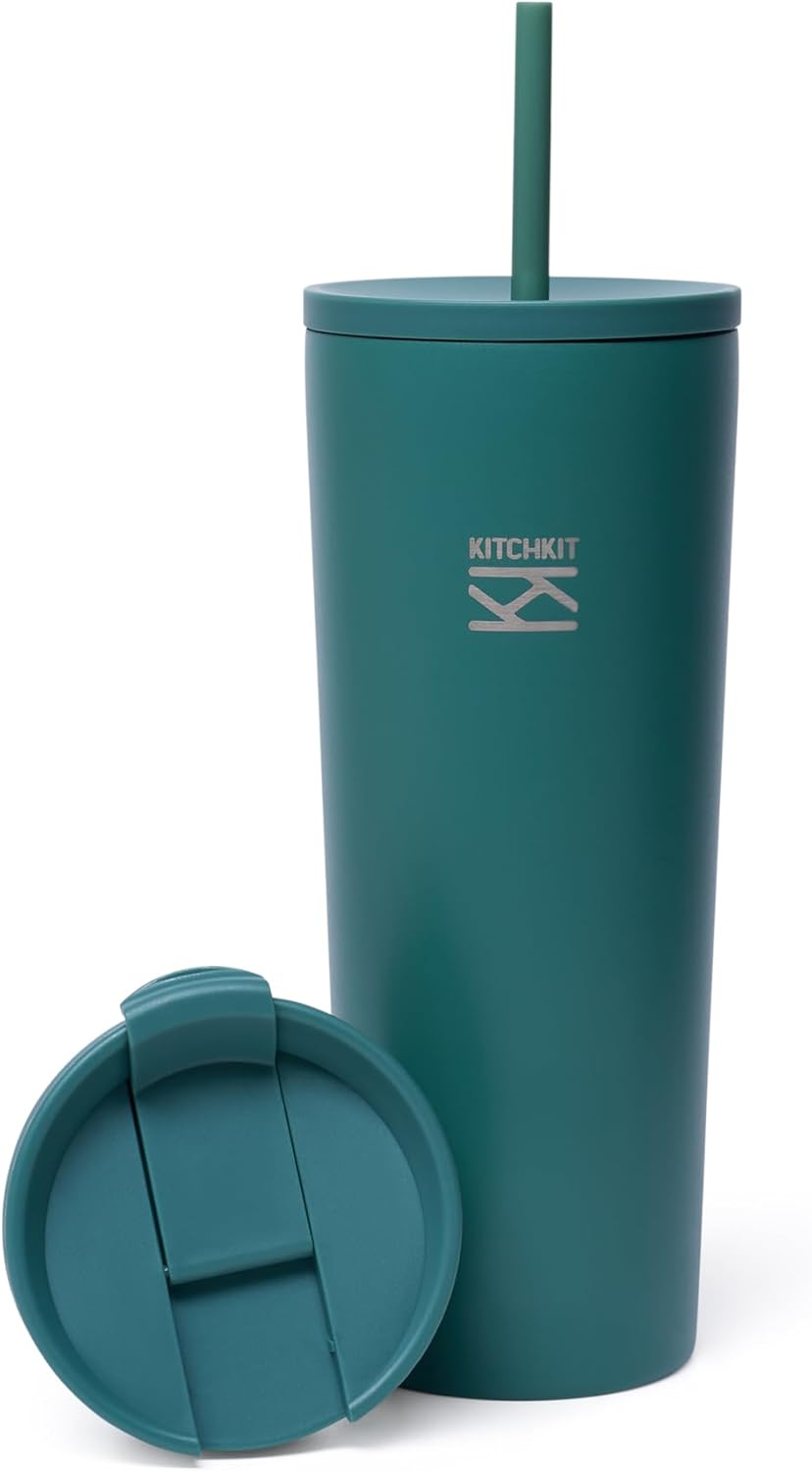 750ml (25oz) Insulated Tumbler with Straw, Flip Lid & Bonus Sticker Pack – Stainless Steel Reusable Travel Cup (Forest Jade)