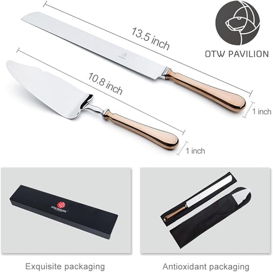 OTW PAVILION Wedding Cake Knife and Server Set,Rose Gold 18/10 Stainless Steel 2 Piece Dessert Set Pie Server Cake Cutter Knife for Birthday,Anniversary,Holiday,Baby Shower,Party