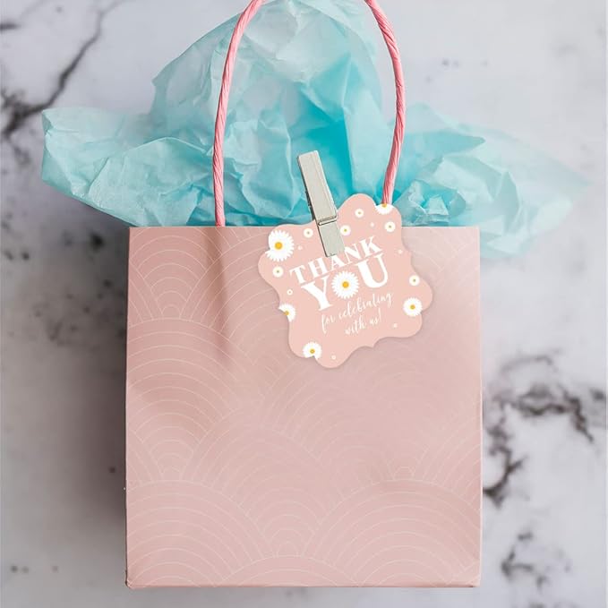 Andaz Press Fancy Frame Kids Party Favor Thank You Tags with String - 48-Pack Daisy Birthday Gift Tags for Favor Bags, Goody Bags, Gift Box, Girls, Baby Shower 1st Birthday Party Favors