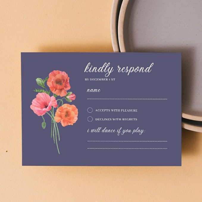Personalized Wedding RSVP Cards On Glossy Thick Card With Envelope, Personalized Reponse, 5 x 3.5 Inches, Set of 15 Custom Cards with White Envelopes (Navy Blue)