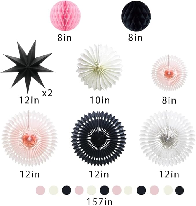 Pink Black White Party Decorations for Girls Women Minnie Mouse First Birthday Decoration Wedding Bridal Baby Shower Hanging Tissue Paper Fans Circle Garland Paper Lanterns