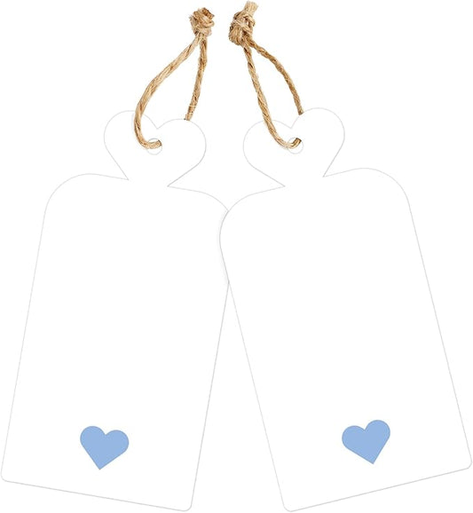 joycraft 100Pcs Gift Tags with String, 4x2 in White Gift Wrapping Tags with Blue Heart, Blank Party Favor Labels for Birthday, Baby Shower, Wedding, Bridal Shower
