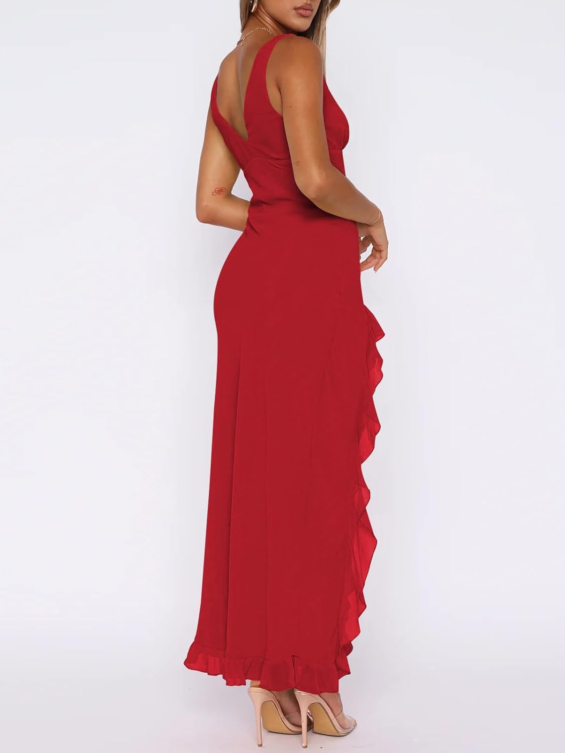 Women Sexy V Neck Sleeveless Mesh Ruffle Hem Bodycon Maxi Casual Backless High Slit Cocktail Party Dress