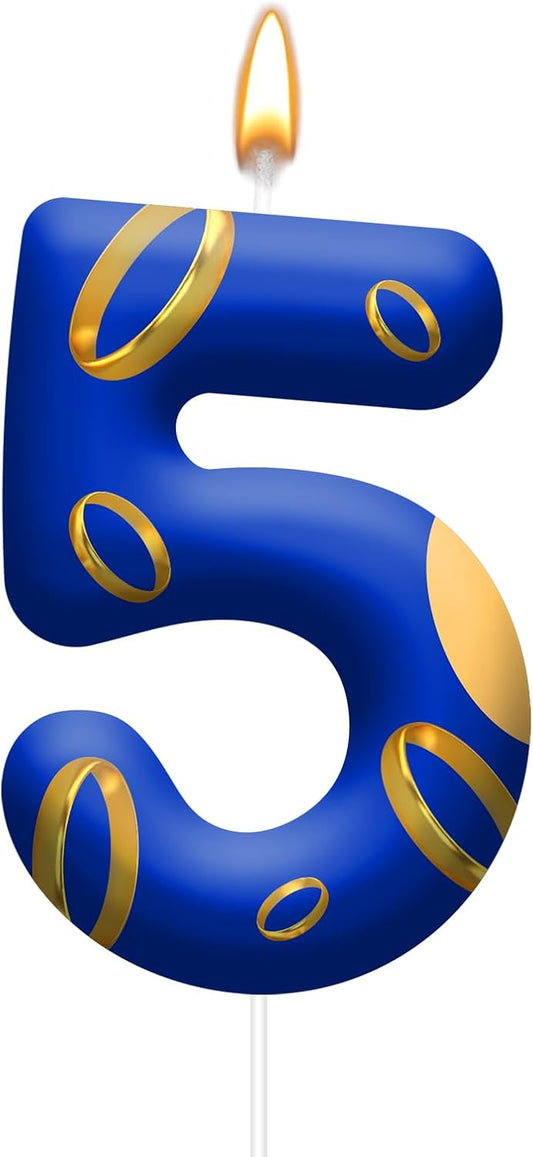 Birthday Cake Candles - Blue and Golden Ring Number Candles with Vibrant Designs for Boys & Girls, Theme Birthday Party Decorations,Cake Toppers for Theme Parties(Number 5)