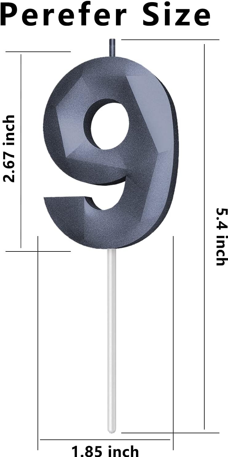 Number Birthday Candles(9 Candle Black) 3D Diamond Shape 9th Happy Birthday Cake Topper Decorations for Boy Men Birthday Wedding Anniversary Celebration Theme Party Supplies