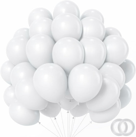 White Balloons - 12 inch 100pcs Latex - Round White Birthday Balloons with 2 Ribbons for Birthday Party, Wedding, Anniversary, Baby Shower Decorations