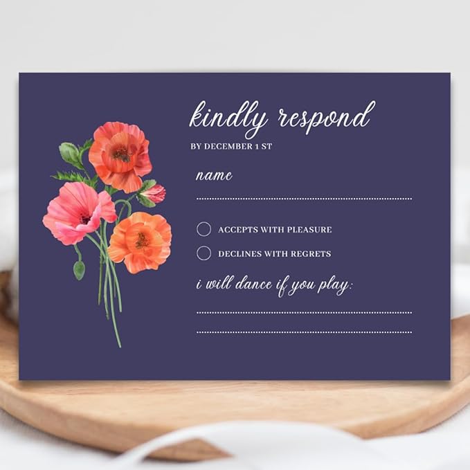 Personalized Wedding RSVP Cards On Glossy Thick Card With Envelope, Personalized Reponse, 5 x 3.5 Inches, Set of 15 Custom Cards with White Envelopes (Navy Blue)