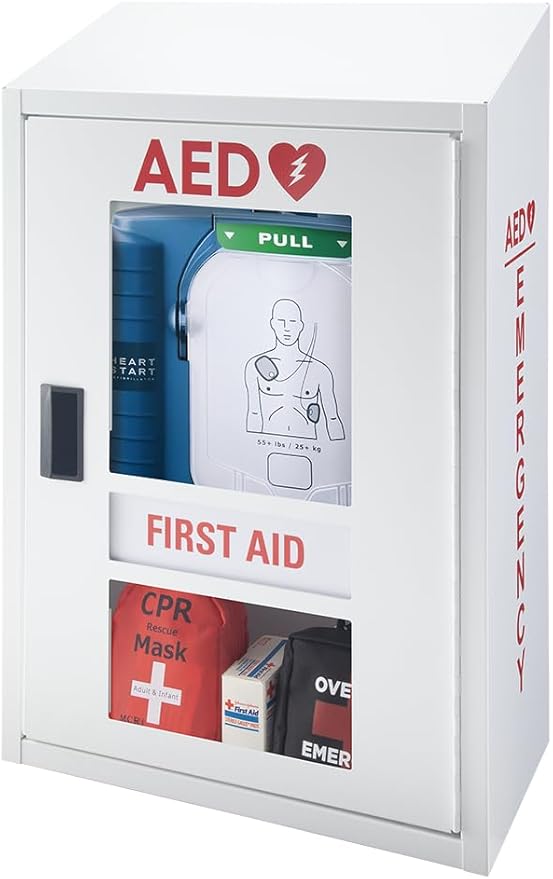 Automated External Defibrillator AED Cabinet with First Aid Kit Compartment | Wall Mount Compatible AED & First Aid Storage, Non-Alarmed, Steel | Home, School, Business, Gym | AED Not Included