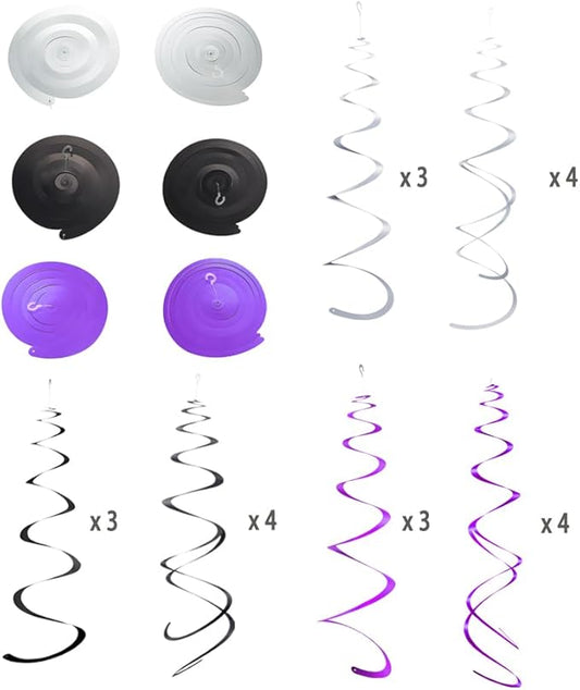 MOWO Purple Black and Silver Foil Swirl Hanging Decoration Streamer for Birthday Graduation Wedding Party Supplies, Pack of 21