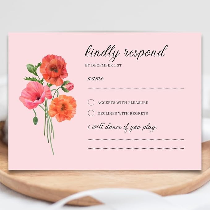 Personalized Wedding RSVP Cards On Glossy Thick Card With Envelope, Personalized Reponse, 5 x 3.5 Inches, Set of 15 Custom Cards with White Envelopes (Pink)