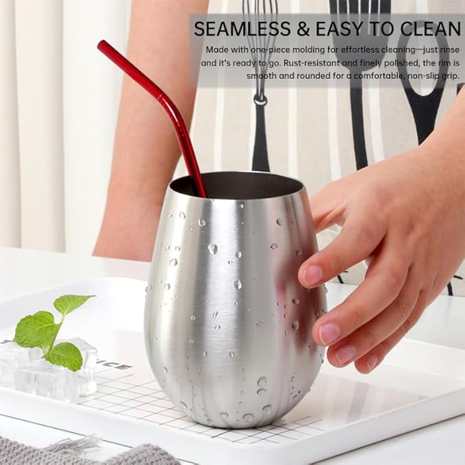 Buyer Star 304 Stainless Steel Wine Glasses Set of 4 - Large 17 oz Outdoor Stemless Wine Tumblers - 100% Unbreakable & Stemless Metal Drinking Cups for Home and Outdoors Dishwasher safe (Silver)