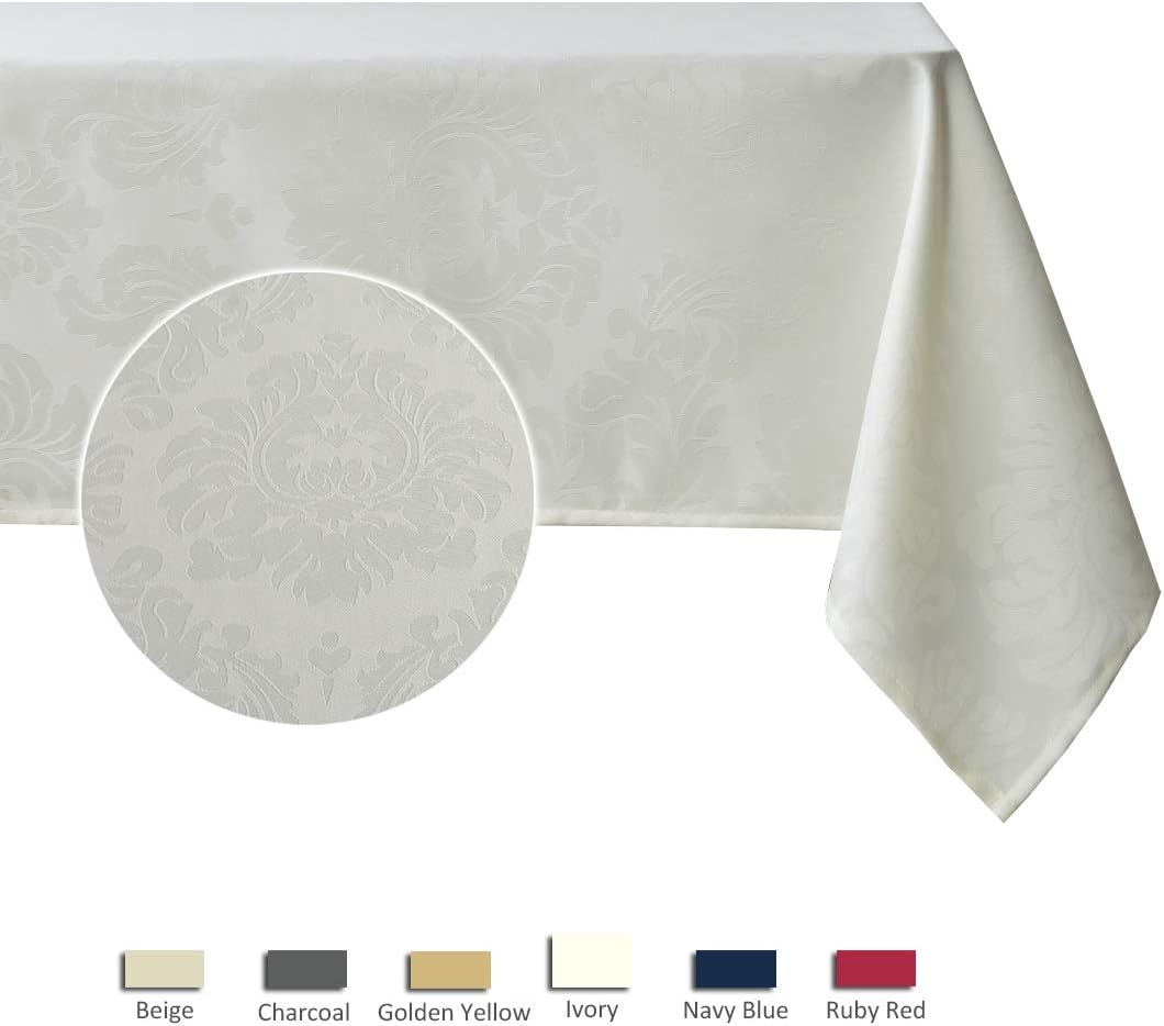 maxmill Jacquard Table Cloth Damask Pattern Spillproof Wrinkle Resistant Heavy Weight Soft Tablecloth for Kitchen Dinning Tabletop Outdoor Picnic Rectangle 52 x 70 Inch Ivory