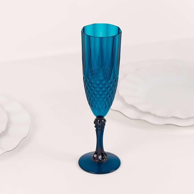 Efavormart 6-Pack Champagne Glasses, 8oz Shatterproof Plastic Crystal Cut Toast Flutes, Navy Blue for Party Celebration Wedding