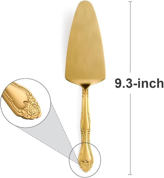 Deeny Jarte 3-Piece Matte Gold Cake Server Set - 9.3-Inch Stainless Steel Cake Server Spatula with Decorative Rose Handle – Rust-Resistant, Dishwasher Safe, for Weddings, Birthdays