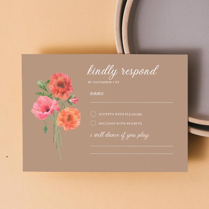 Personalized Wedding RSVP Cards On Glossy Thick Card With Envelope, Personalized Reponse, 5 x 3.5 Inches, Set of 15 Custom Cards with White Envelopes (Brown)