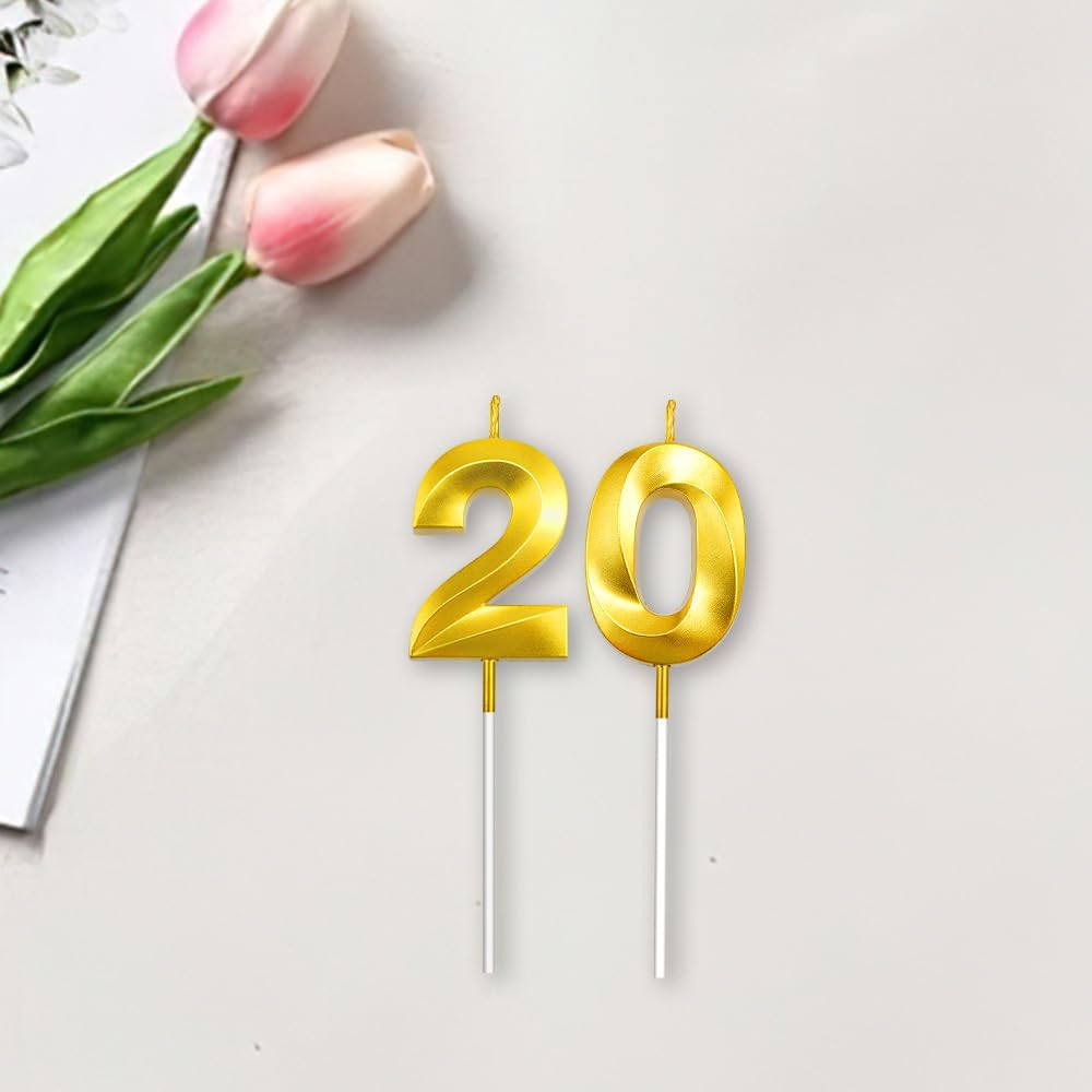 20th Birthday Cake Topper, Gold 20 Birthday Candle, 2 0 Candles 20th Birthday Cupcake Party Favor Happy Birthday Party Decorations Birthday Candle for Cake Sparklers Birthday Gifts