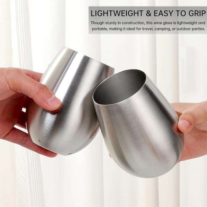 Buyer Star 304 Stainless Steel Wine Glasses Set of 4 - Large 17 oz Outdoor Stemless Wine Tumblers - 100% Unbreakable & Stemless Metal Drinking Cups for Home and Outdoors Dishwasher safe (Silver)